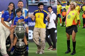 Antonela Roccuzzo, Sebastian Yatra, Karol G en la final Copa America.jpg